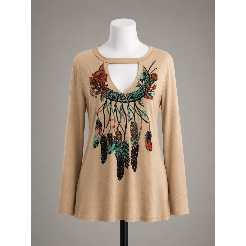 Y2K Vocal USA Womens Tan Rhinestone Dreamcatcher Cutout Long Sleeve Top Small